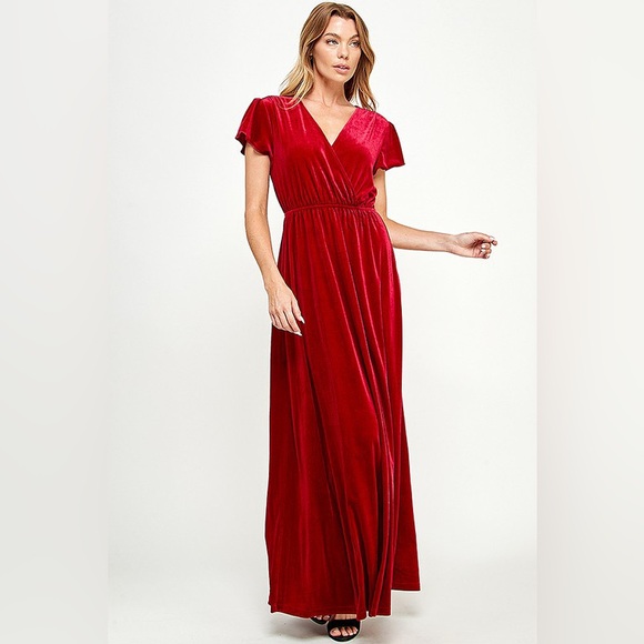 Velvet Maxi Dress Flutter Sleeve Formal V Neck Long Gown Red NWT - Picture 4 of 8